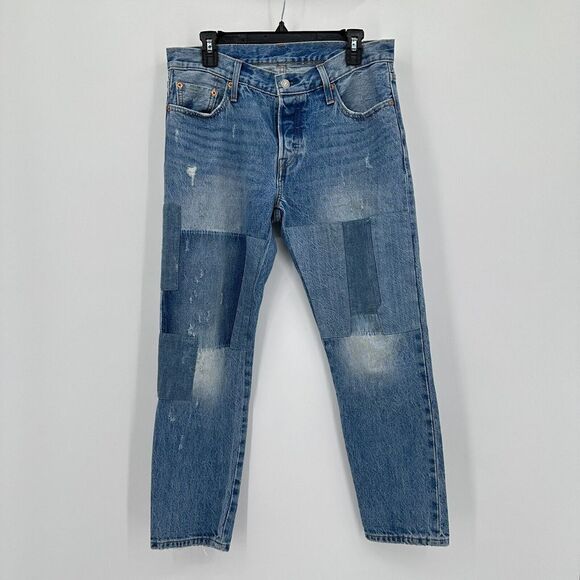 Levis 501 CT Jeans‎ Womens 32x32 TRUE Blue Denim Patchwork Distressed Button Fly - Picture 1 of 12